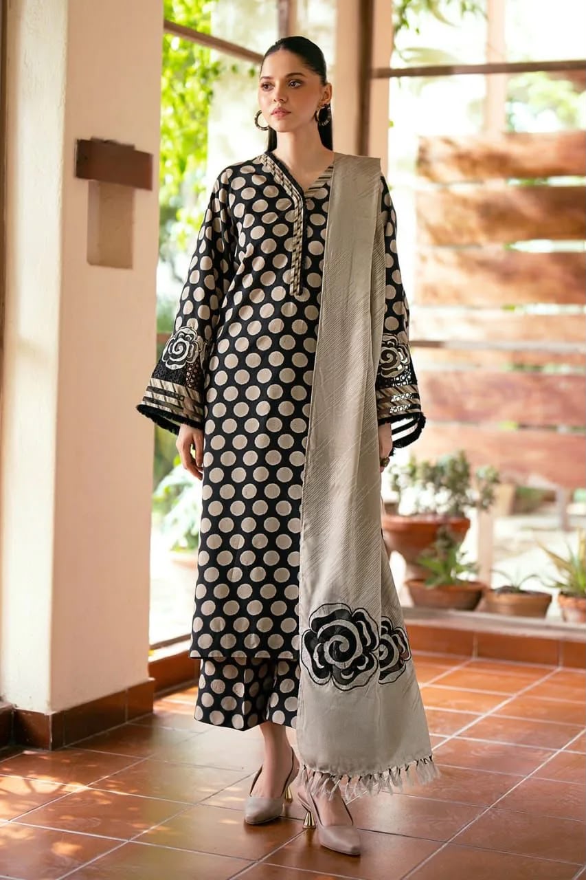 Nayab -Premium Airjet Lawn 3-Piece Suit - Black & Beige Polka Dot Print
