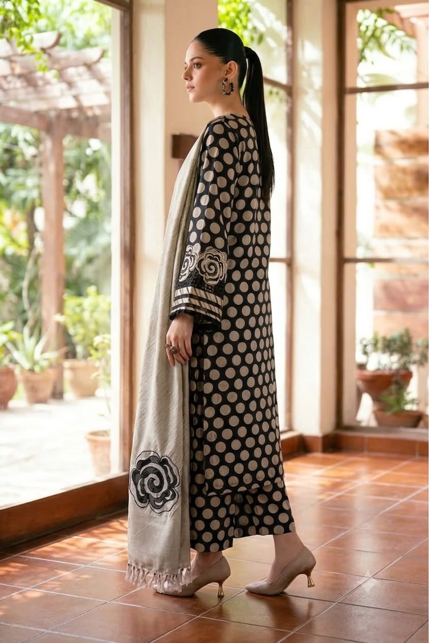 Nayab -Premium Airjet Lawn 3-Piece Suit - Black & Beige Polka Dot Print