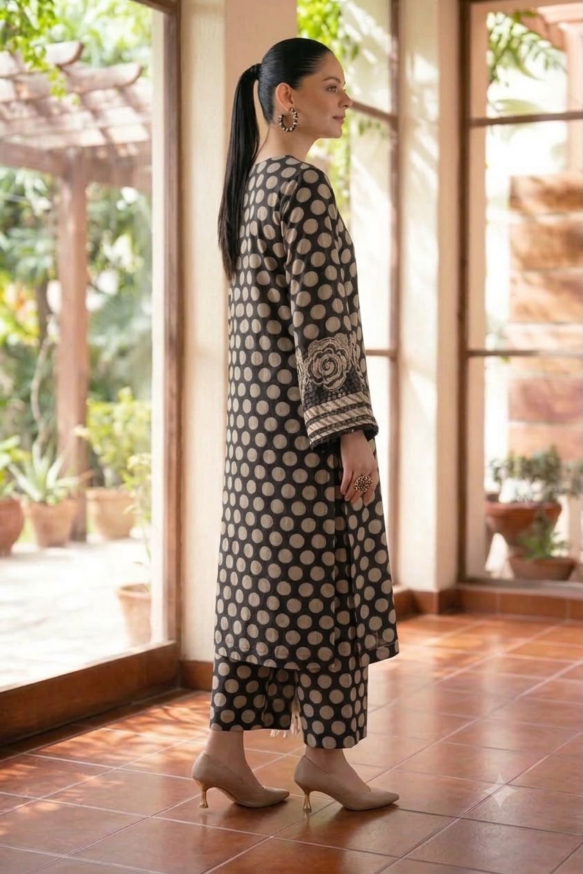 Nayab -Premium Airjet Lawn 3-Piece Suit - Black & Beige Polka Dot Print