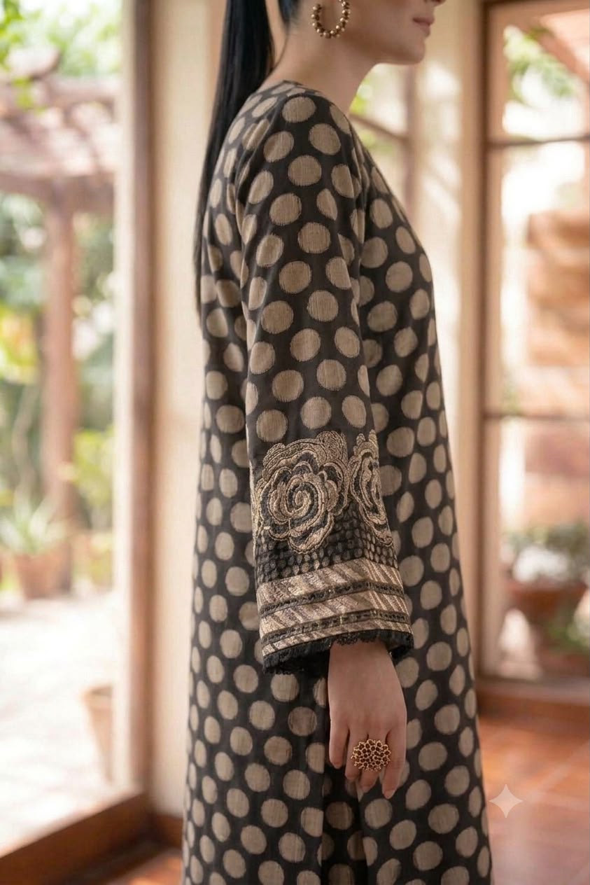 Nayab -Premium Airjet Lawn 3-Piece Suit - Black & Beige Polka Dot Print