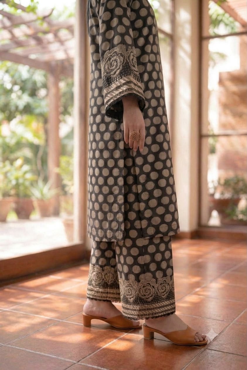 Nayab -Premium Airjet Lawn 3-Piece Suit - Black & Beige Polka Dot Print