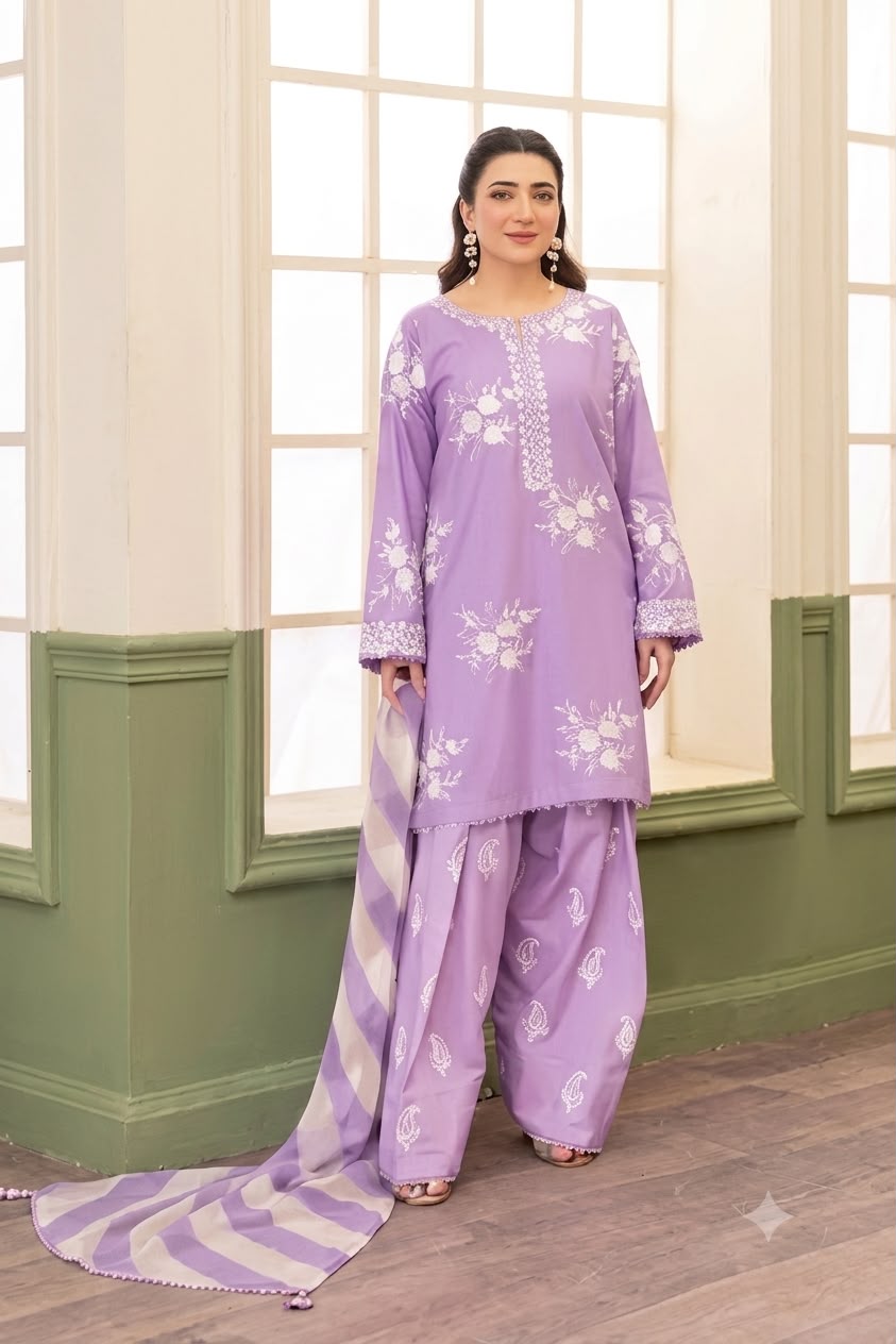 Nayab Lavender 3 Piece Embroidered Lawn Suit with Digital Print Voile Dobby Dupatta | Unstitched Women’s Summer Collection