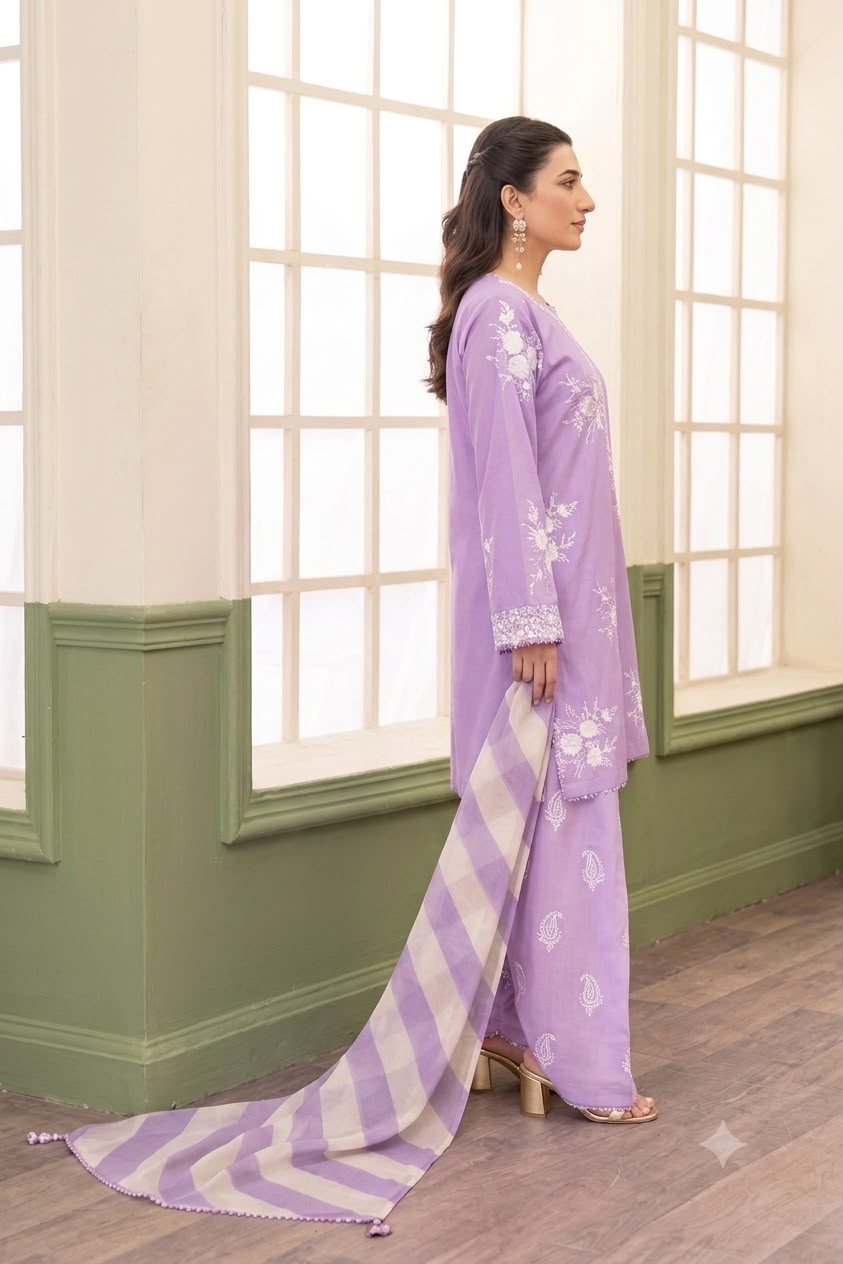 Nayab Lavender 3 Piece Embroidered Lawn Suit with Digital Print Voile Dobby Dupatta | Unstitched Women’s Summer Collection