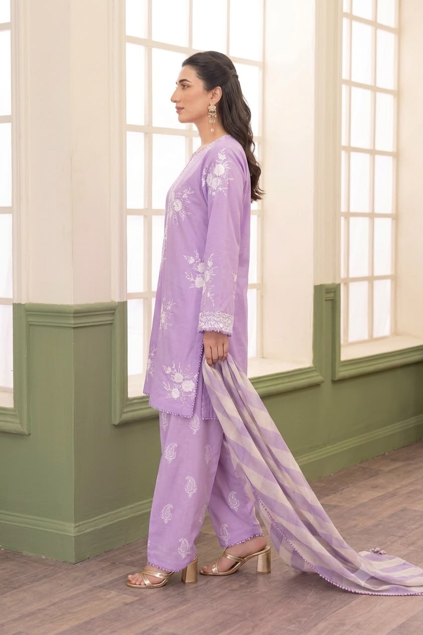 Nayab Lavender 3 Piece Embroidered Lawn Suit with Digital Print Voile Dobby Dupatta | Unstitched Women’s Summer Collection