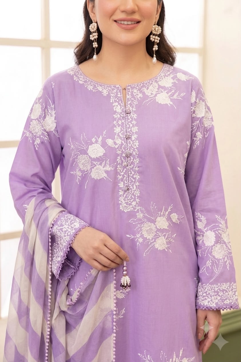 Nayab Lavender 3 Piece Embroidered Lawn Suit with Digital Print Voile Dobby Dupatta | Unstitched Women’s Summer Collection