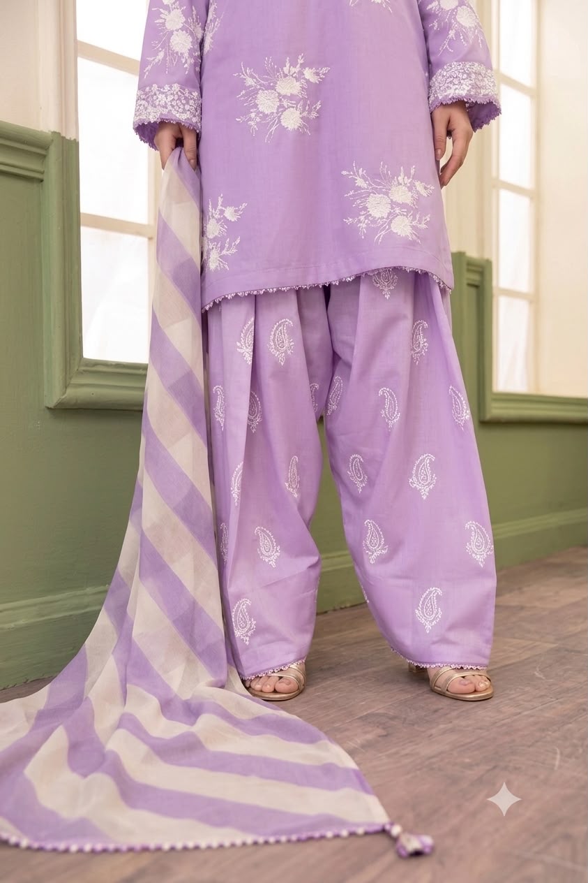 Nayab Lavender 3 Piece Embroidered Lawn Suit with Digital Print Voile Dobby Dupatta | Unstitched Women’s Summer Collection