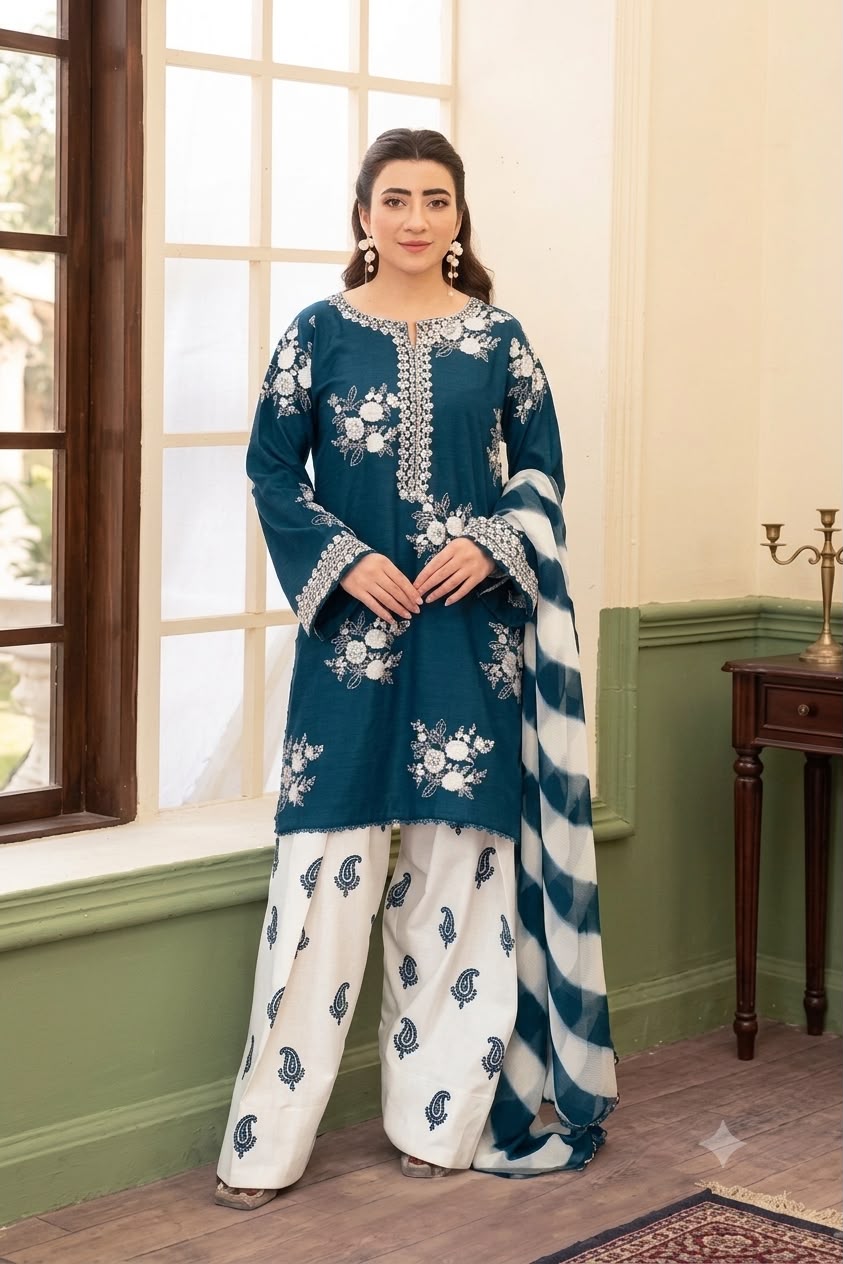 Nayab Teal Blue Premium 3-Piece Embroidered Lawn Suit with Printed Dupatta