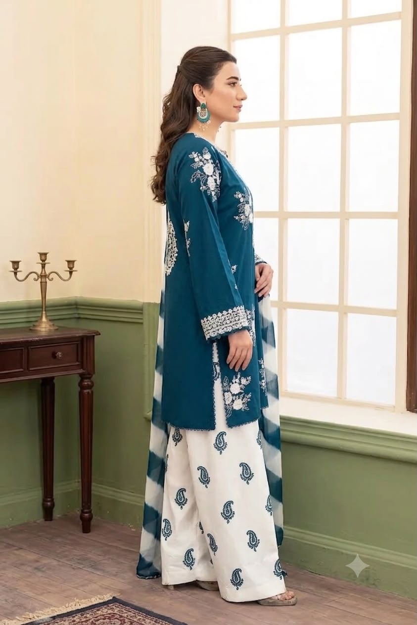 Nayab Teal Blue Premium 3-Piece Embroidered Lawn Suit with Printed Dupatta