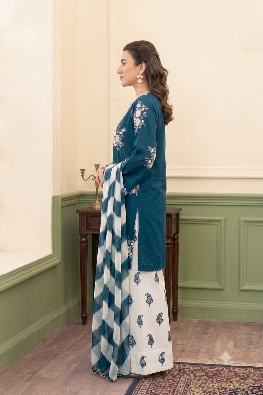 Nayab Teal Blue Premium 3-Piece Embroidered Lawn Suit with Printed Dupatta