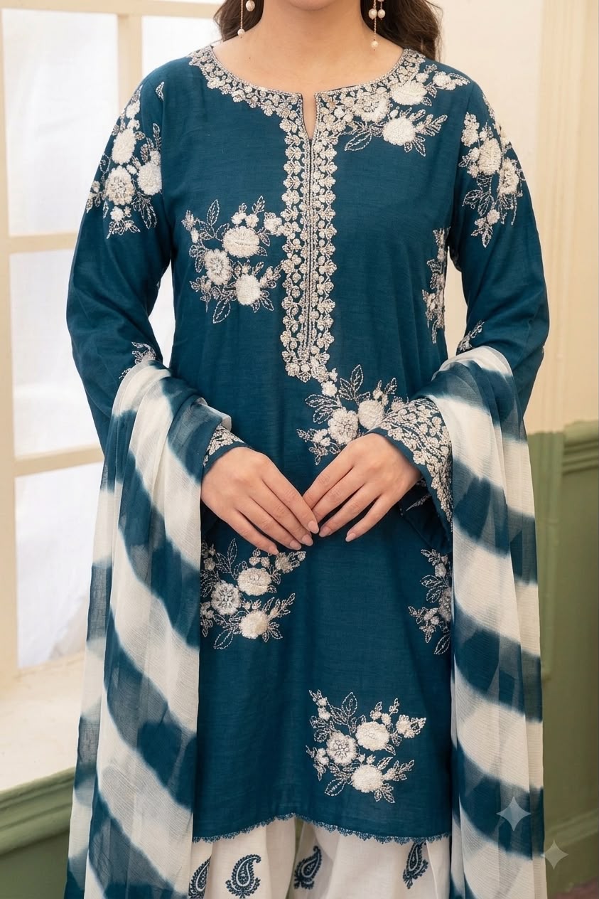 Nayab Teal Blue Premium 3-Piece Embroidered Lawn Suit with Printed Dupatta