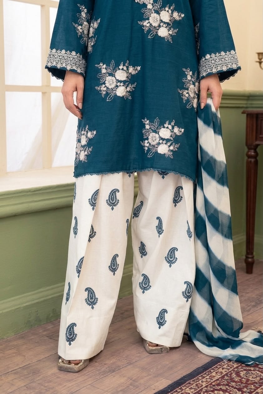 Nayab Teal Blue Premium 3-Piece Embroidered Lawn Suit with Printed Dupatta