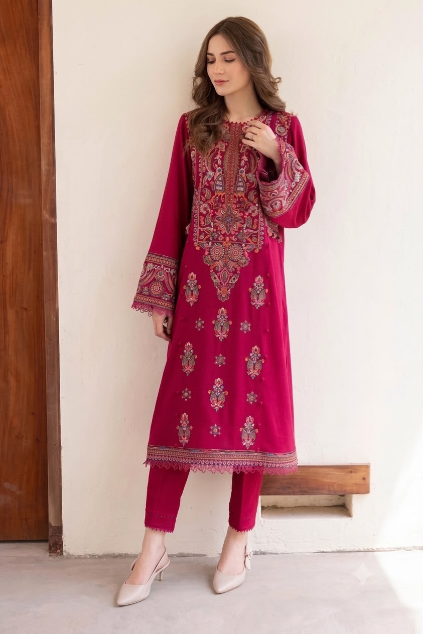 Nayab Deep Maroon Premium 2-Piece Embroidered Lawn Suit