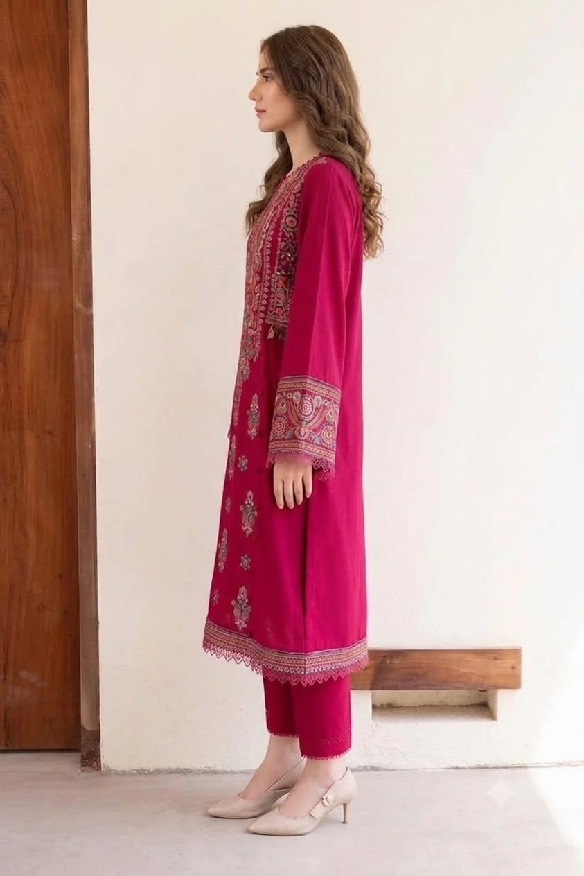 Nayab Deep Maroon Premium 2-Piece Embroidered Lawn Suit