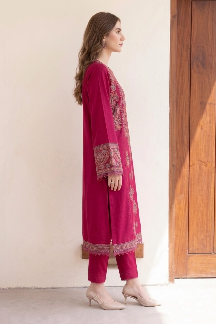 Nayab Deep Maroon Premium 2-Piece Embroidered Lawn Suit