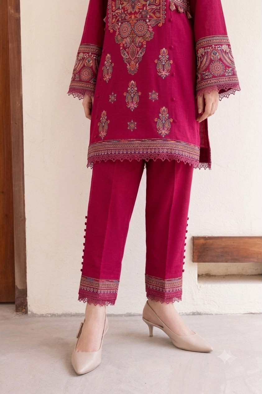 Nayab Deep Maroon Premium 2-Piece Embroidered Lawn Suit