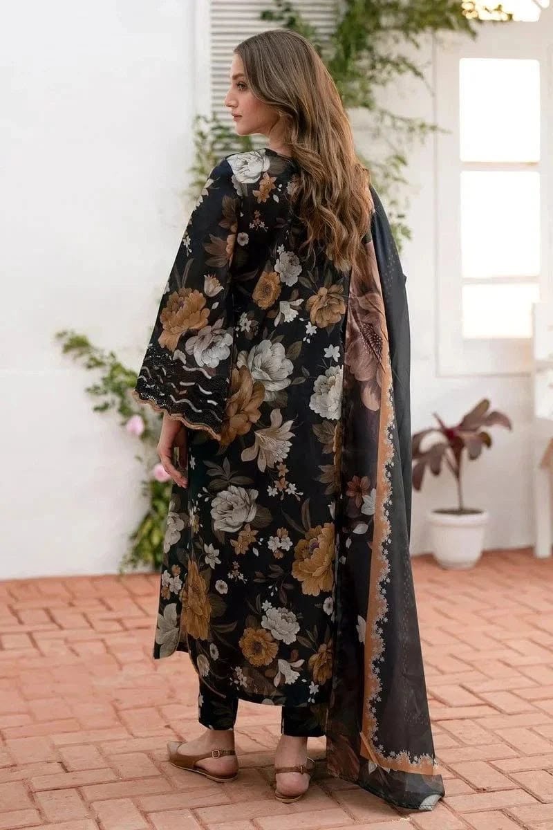 Nayab Black Floral 3 Piece Premium Airjet Lawn Suit | Unstitched Digital Print Lawn Dress with Dupatta