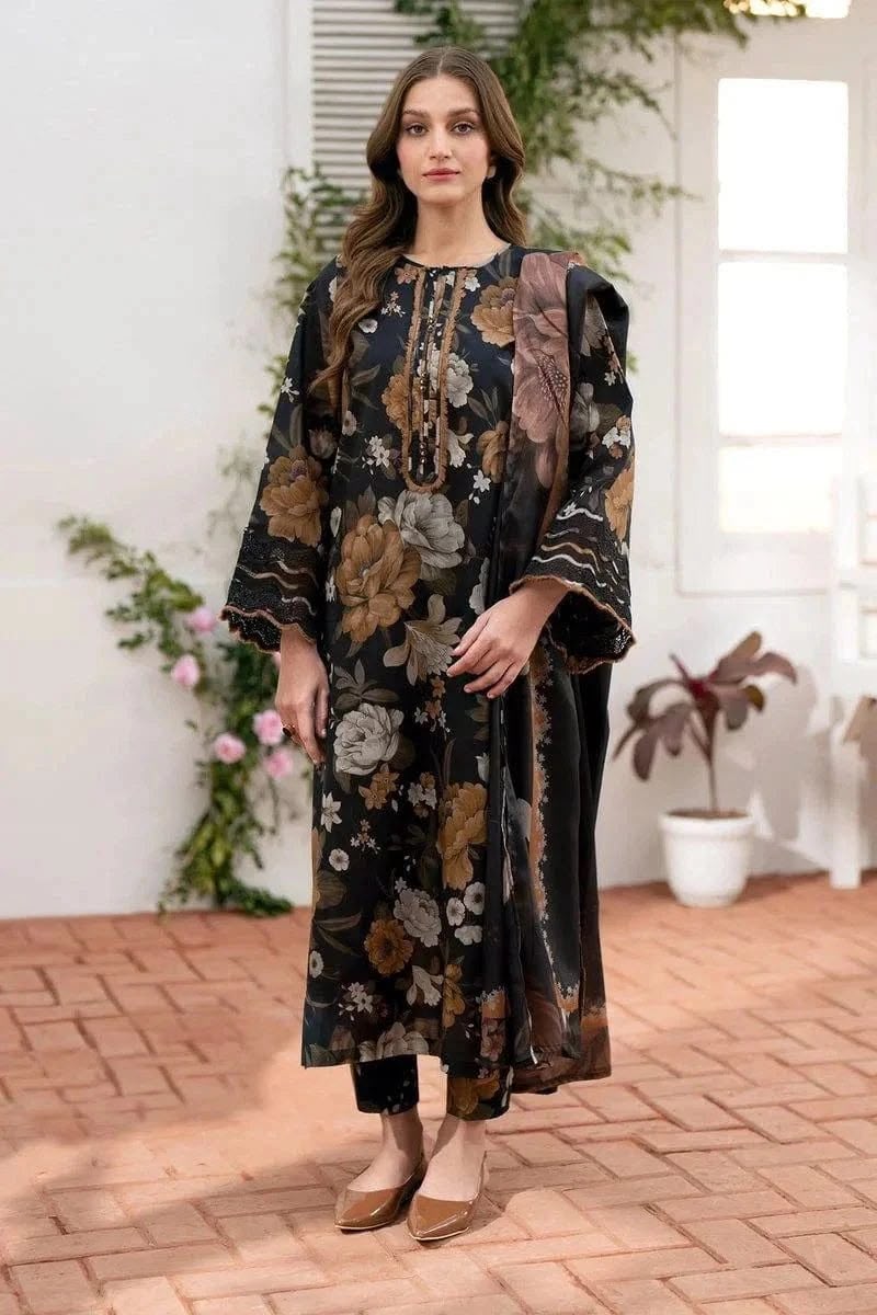 Nayab Black Floral 3 Piece Premium Airjet Lawn Suit | Unstitched Digital Print Lawn Dress with Dupatta