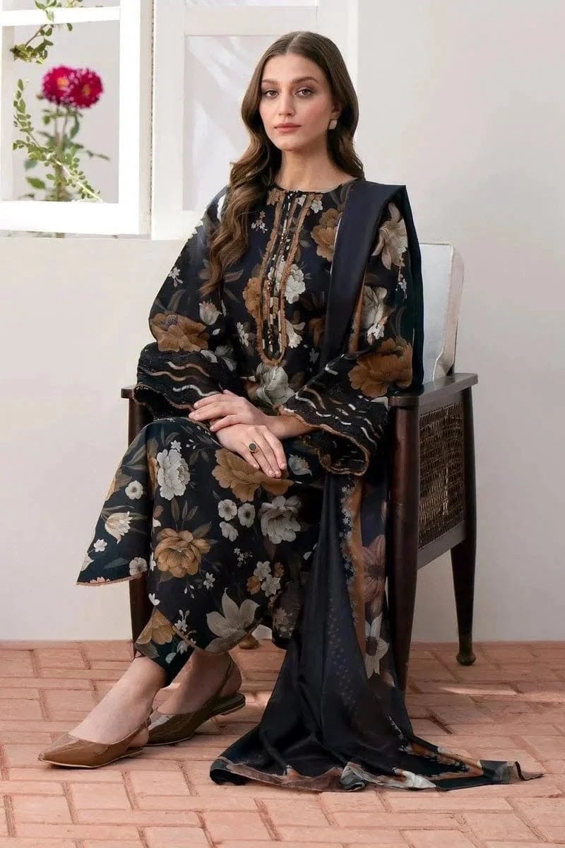 Nayab Black Floral 3 Piece Premium Airjet Lawn Suit | Unstitched Digital Print Lawn Dress with Dupatta