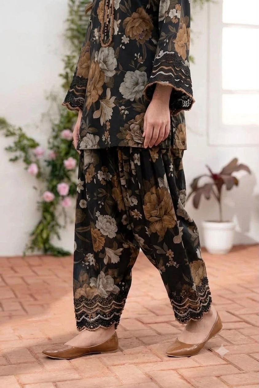 Nayab Black Floral 3 Piece Premium Airjet Lawn Suit | Unstitched Digital Print Lawn Dress with Dupatta