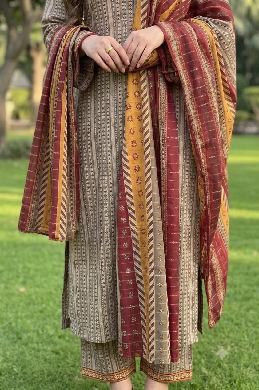 Nayab Grey & Beige Stripe Premium Airjet Lawn 3-Piece Unstitched Suit with Red Dupatta