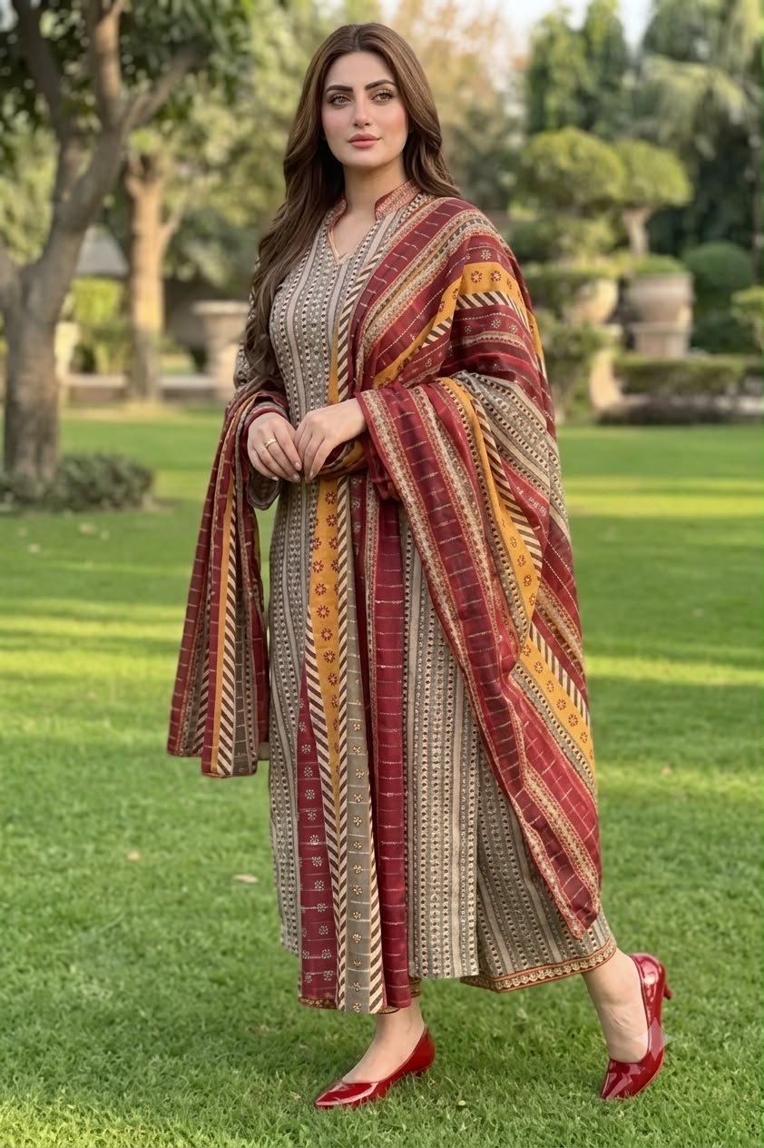 Nayab Grey & Beige Stripe Premium Airjet Lawn 3-Piece Unstitched Suit with Red Dupatta