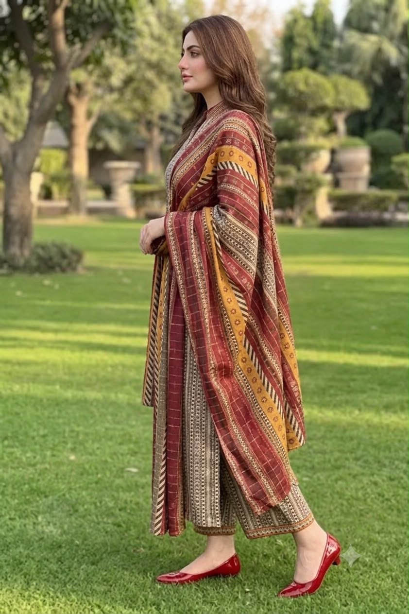 Nayab Grey & Beige Stripe Premium Airjet Lawn 3-Piece Unstitched Suit with Red Dupatta