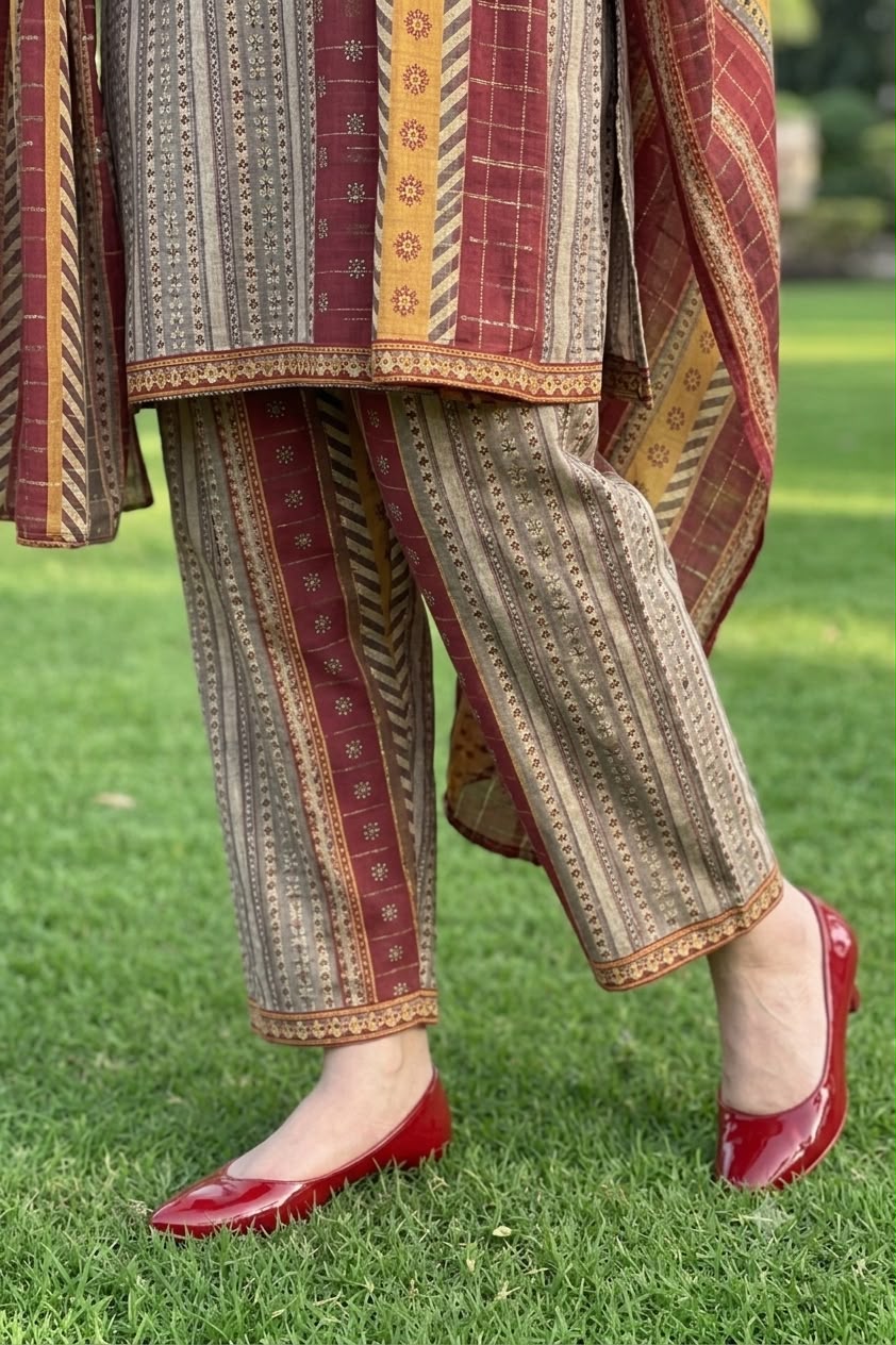 Nayab Grey & Beige Stripe Premium Airjet Lawn 3-Piece Unstitched Suit with Red Dupatta