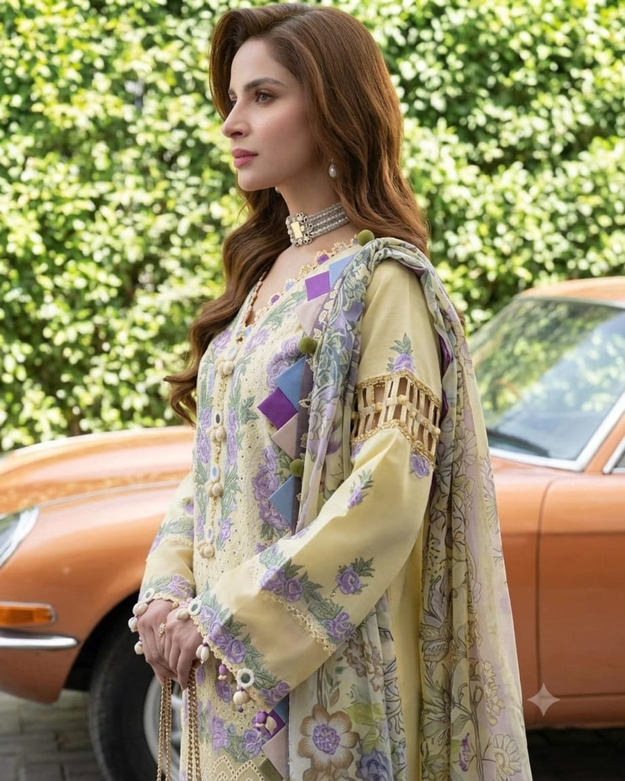 Nayab Ivory Bloom Airjet Lawn 3-Piece Embroidered Summer Eid Collection