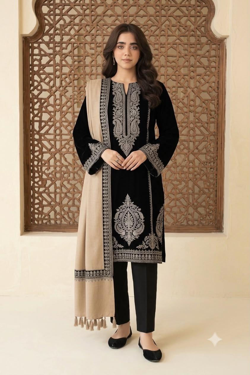 Nayab Black Embroidered 3-Piece Lawn Suit with Beige Printed Dupatta
