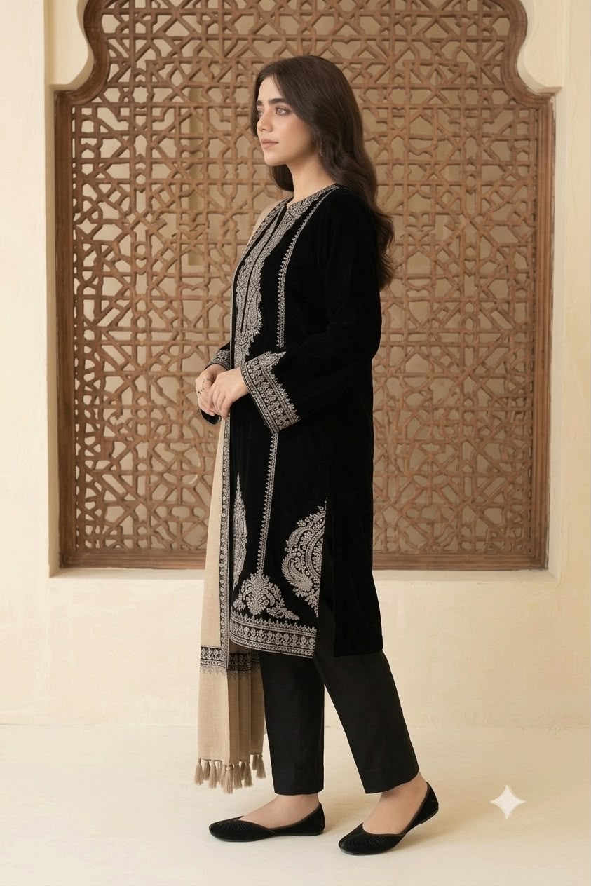 Nayab Black Embroidered 3-Piece Lawn Suit with Beige Printed Dupatta