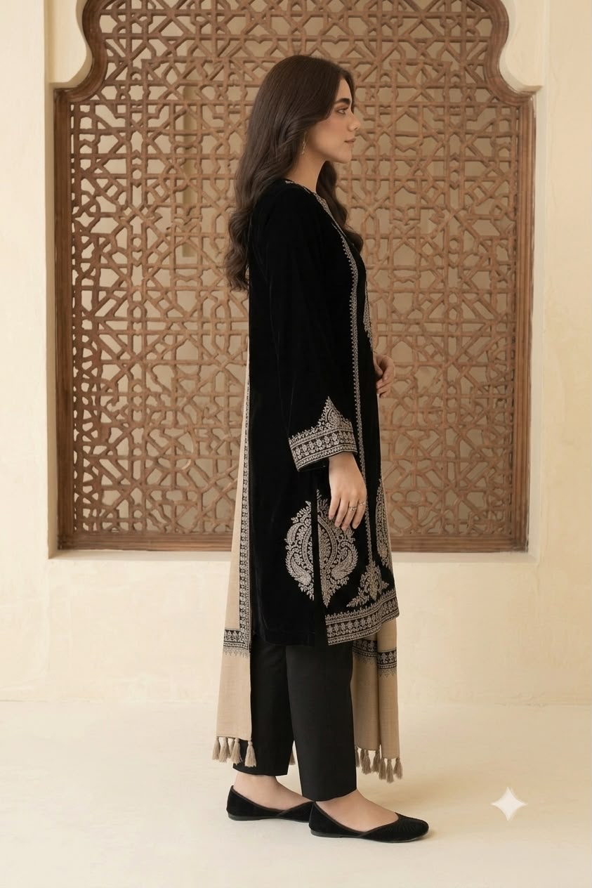 Nayab Black Embroidered 3-Piece Lawn Suit with Beige Printed Dupatta