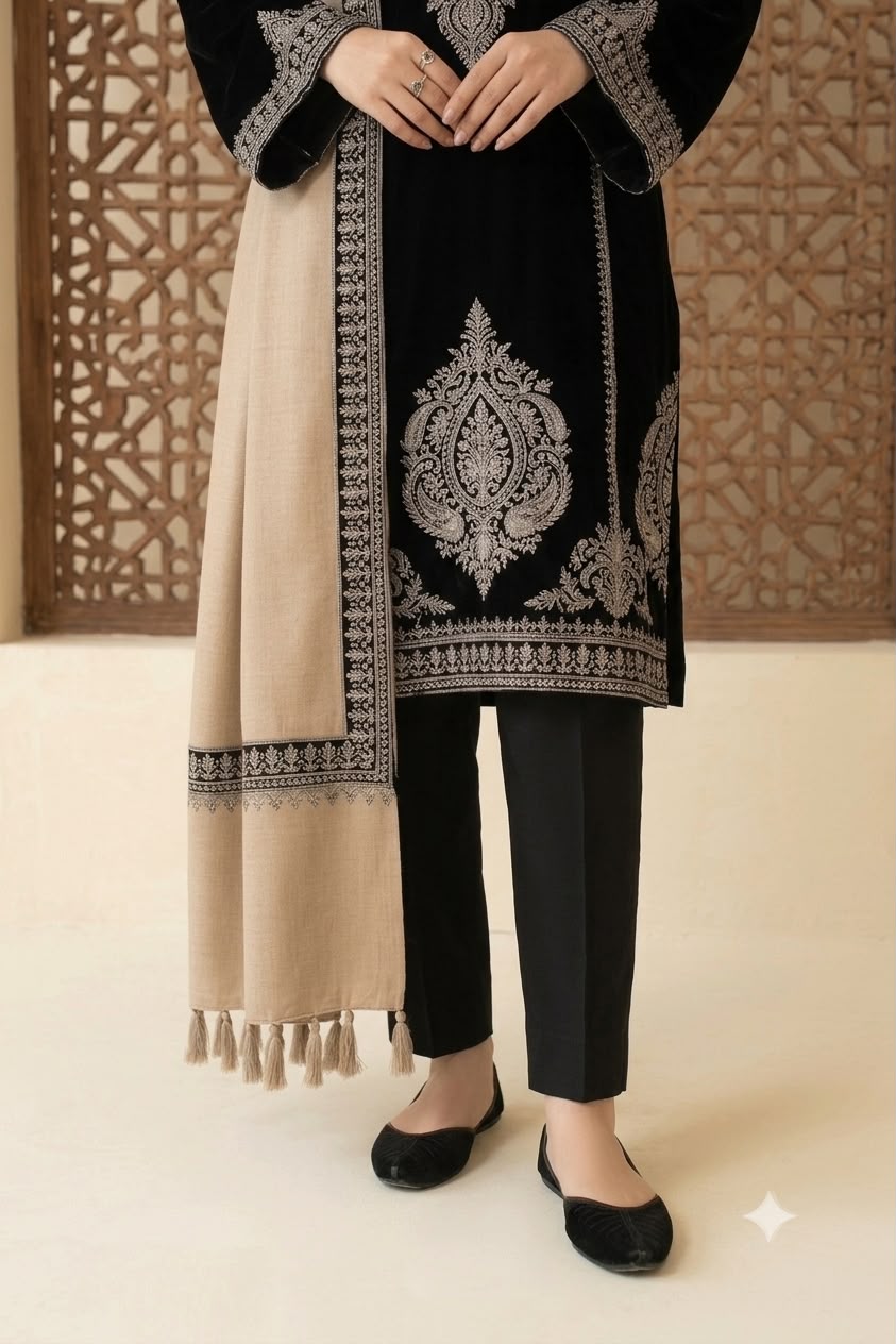 Nayab Black Embroidered 3-Piece Lawn Suit with Beige Printed Dupatta