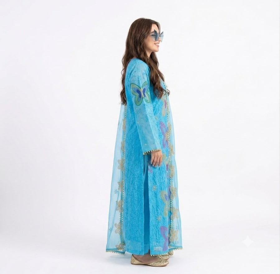 Nayab Sky Blue Embroidered Lawn 3-Piece Unstitched Suit for Women | Summer Collection