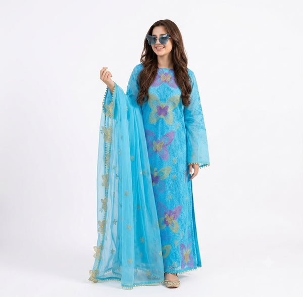 Nayab Sky Blue Embroidered Lawn 3-Piece Unstitched Suit for Women | Summer Collection