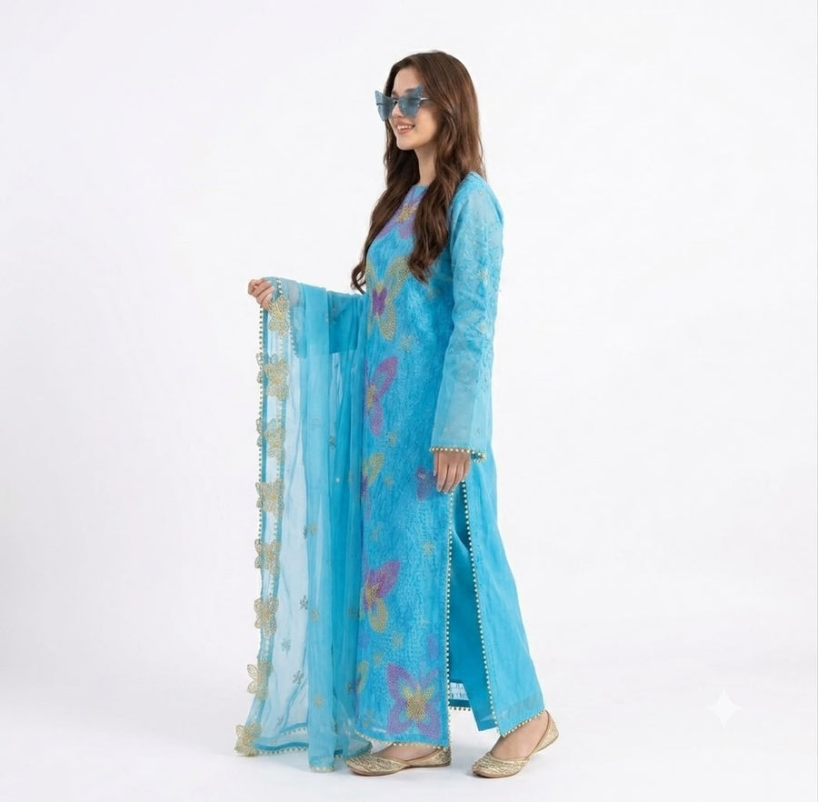 Nayab Sky Blue Embroidered Lawn 3-Piece Unstitched Suit for Women | Summer Collection