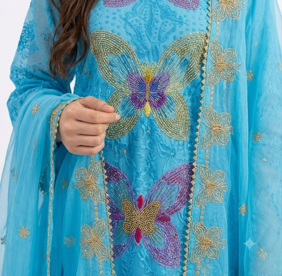 Nayab Sky Blue Embroidered Lawn 3-Piece Unstitched Suit for Women | Summer Collection