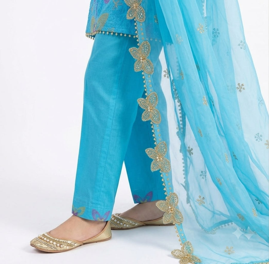 Nayab Sky Blue Embroidered Lawn 3-Piece Unstitched Suit for Women | Summer Collection