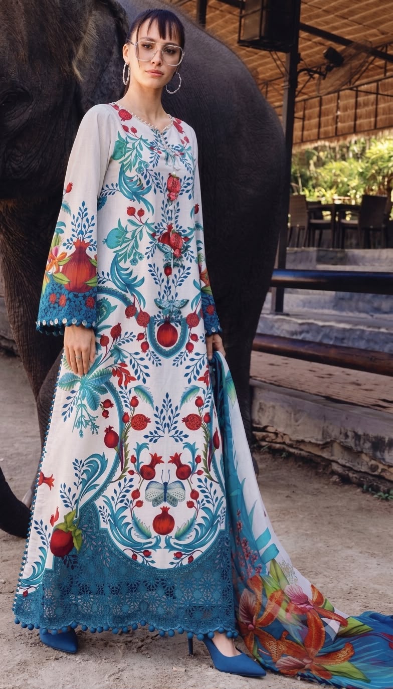 Nayab White Pomegranate Folk Art Digital Print Airjet Lawn 3-Piece Suit with Teal Chiffon Dupatta