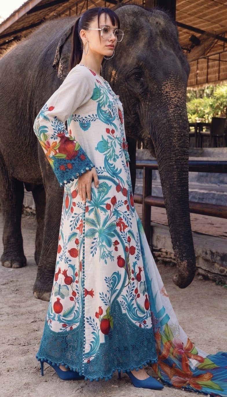 Nayab White Pomegranate Folk Art Digital Print Airjet Lawn 3-Piece Suit with Teal Chiffon Dupatta