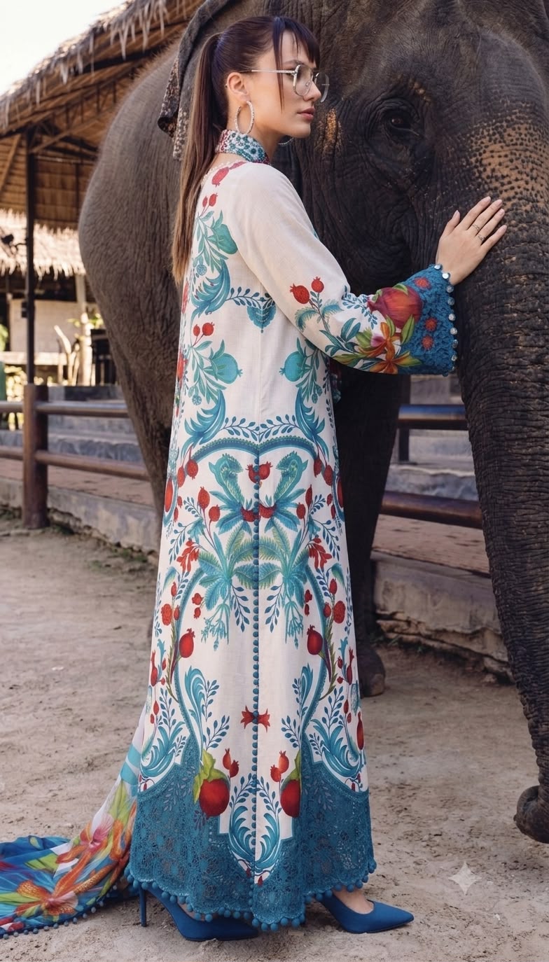 Nayab White Pomegranate Folk Art Digital Print Airjet Lawn 3-Piece Suit with Teal Chiffon Dupatta