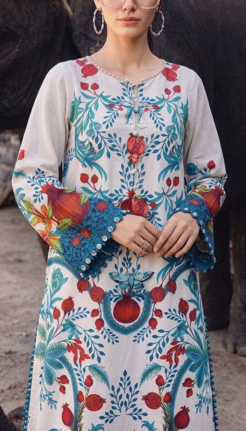 Nayab White Pomegranate Folk Art Digital Print Airjet Lawn 3-Piece Suit with Teal Chiffon Dupatta
