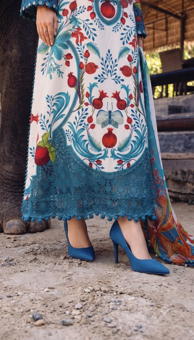 Nayab White Pomegranate Folk Art Digital Print Airjet Lawn 3-Piece Suit with Teal Chiffon Dupatta