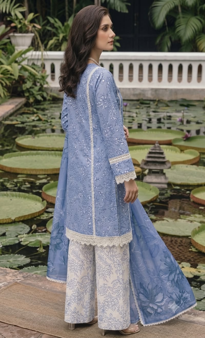 Nayab Cornflower Blue Floral Embroidered Airjet Lawn 3-Piece Suit with Printed Dupatta