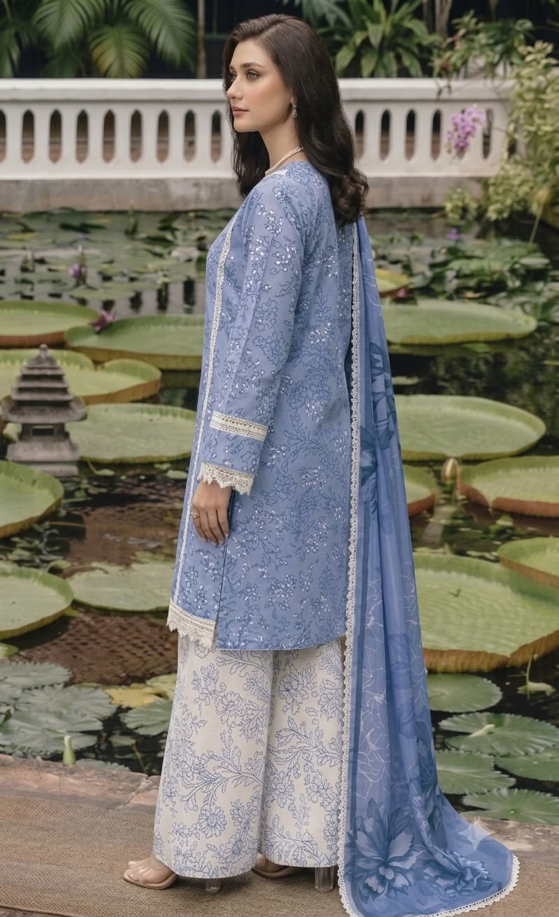 Nayab Cornflower Blue Floral Embroidered Airjet Lawn 3-Piece Suit with Printed Dupatta