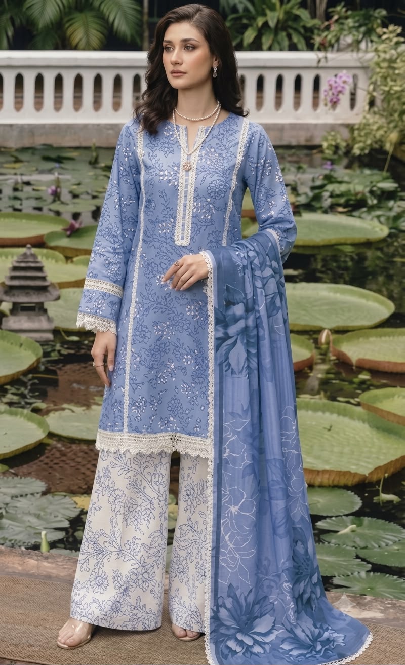 Nayab Cornflower Blue Floral Embroidered Airjet Lawn 3-Piece Suit with Printed Dupatta