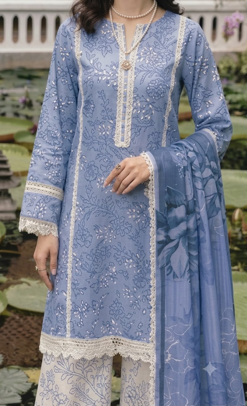 Nayab Cornflower Blue Floral Embroidered Airjet Lawn 3-Piece Suit with Printed Dupatta