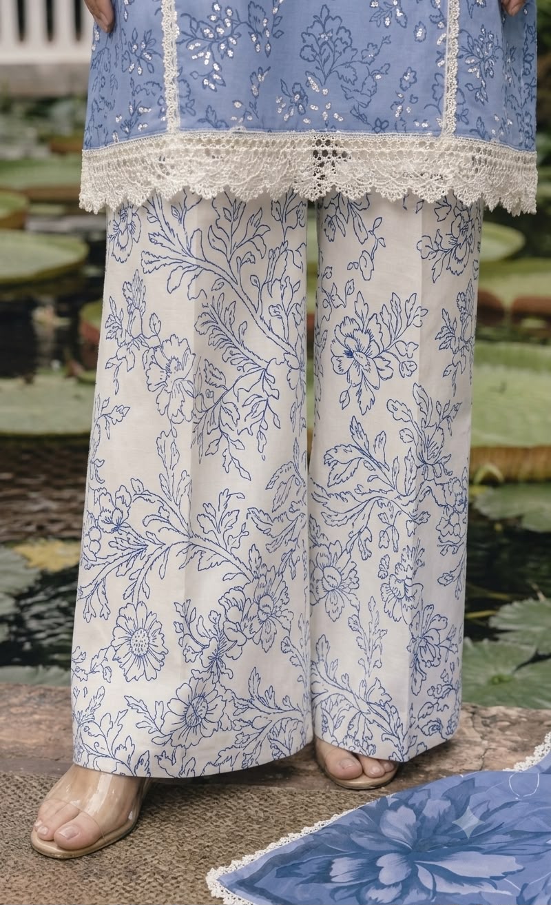 Nayab Cornflower Blue Floral Embroidered Airjet Lawn 3-Piece Suit with Printed Dupatta