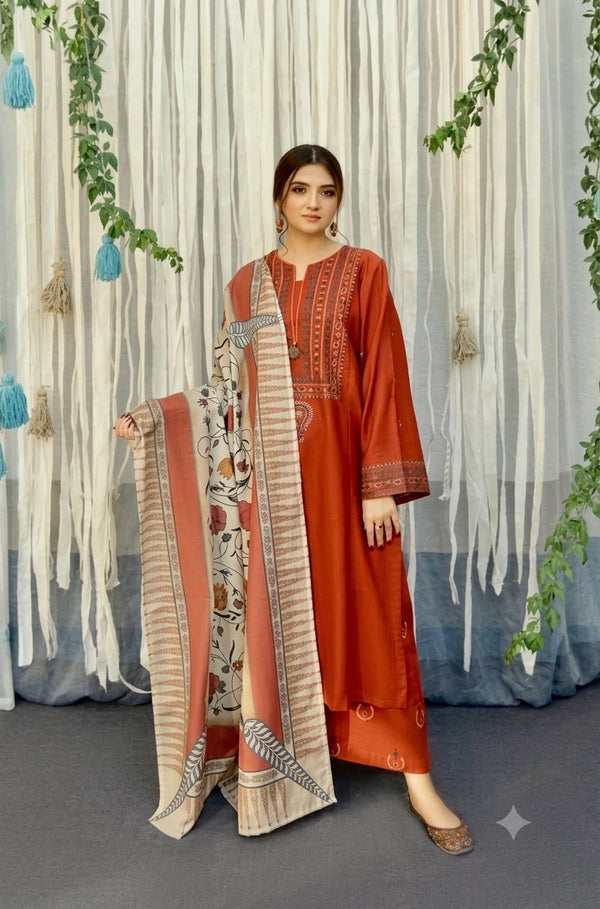 Nayab Rust Terracotta Embroidered Airjet Lawn 3-Piece Suit with Striped Printed Dupatta