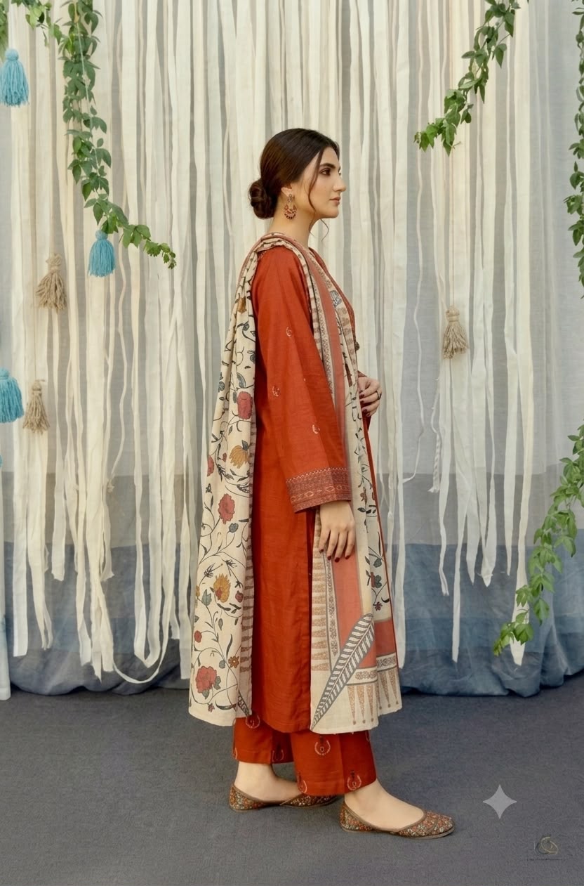 Nayab Rust Terracotta Embroidered Airjet Lawn 3-Piece Suit with Striped Printed Dupatta