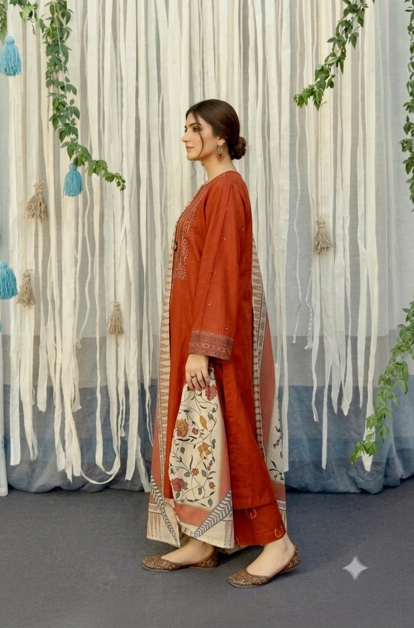Nayab Rust Terracotta Embroidered Airjet Lawn 3-Piece Suit with Striped Printed Dupatta